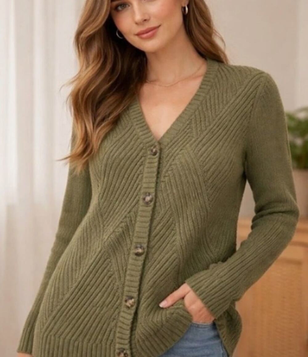 Cabi Aerial Cardigan #3536 XS Olive Green Diagonal Ribbed